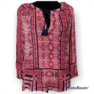 LUCKY Brand red blue boho tunic top front tie size small